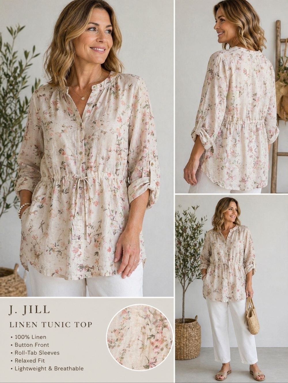 J. Jill Linen Floral Tunic Top Women’s Button Front Boho Cottagecore Lagenlook